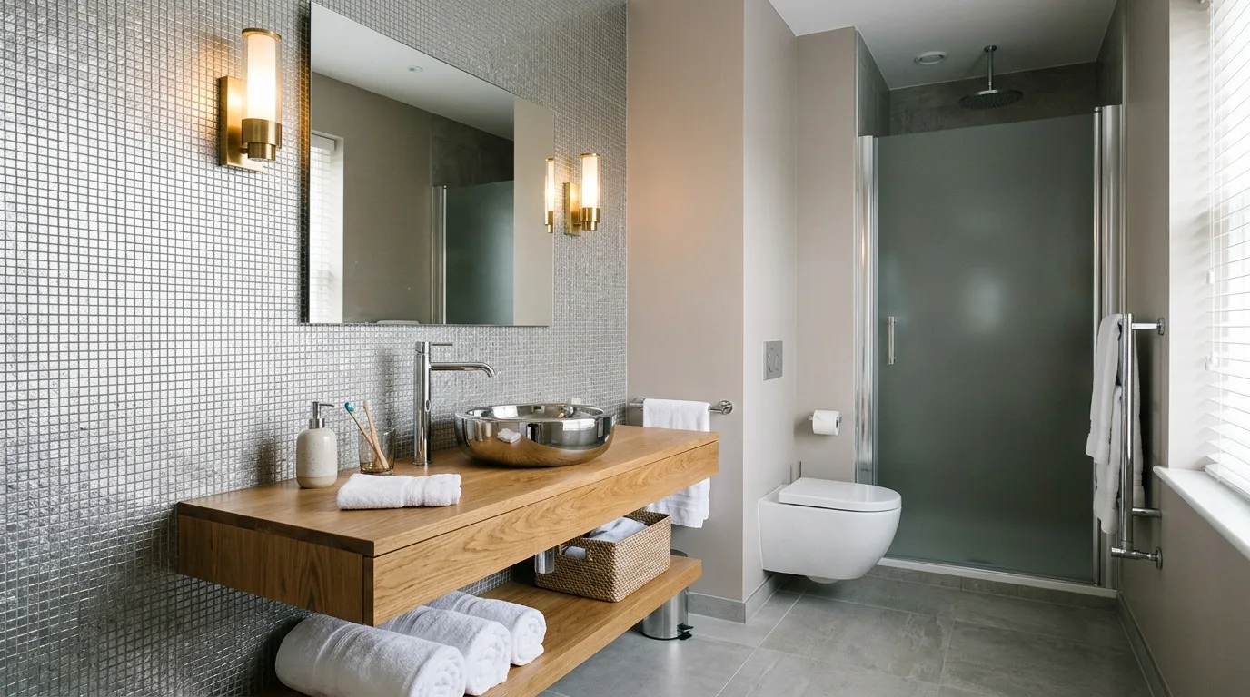 Polished luminous silver bathroom with glamorous styling.
