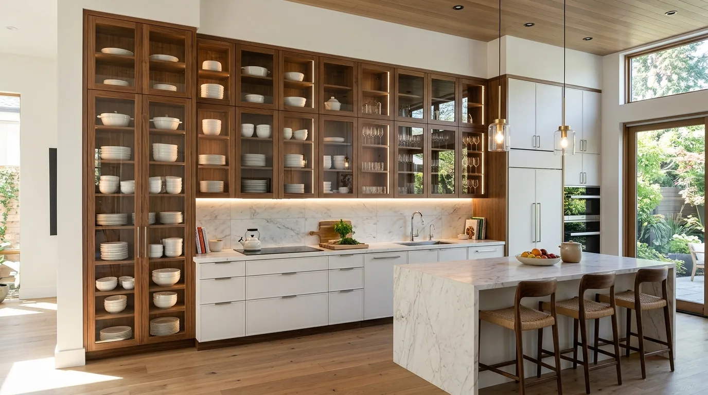 Gorgeous glass kitchen cabinets displaying dishes in a bright kitchen.