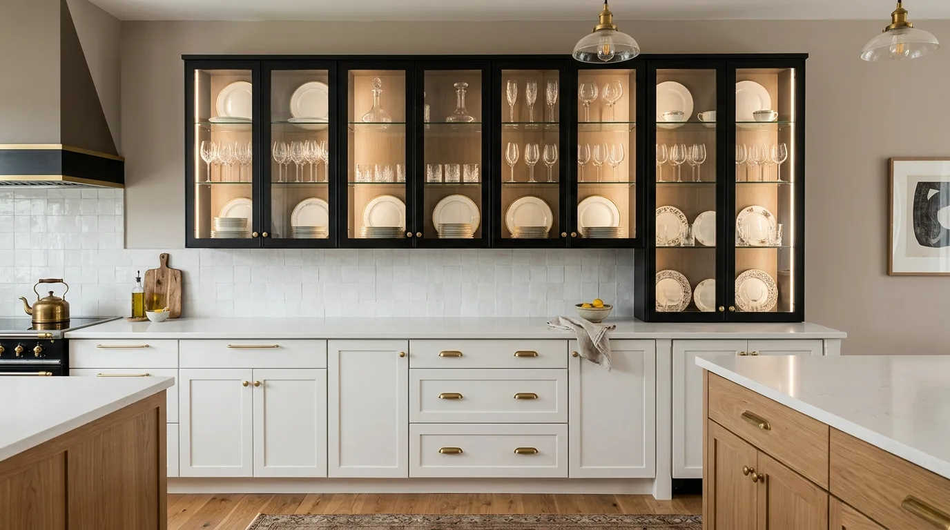 White dishes displayed neatly behind glass kitchen cabinets.