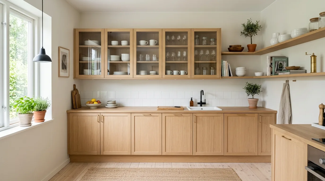 Glassware sparkling inside elegant glass-front kitchen cabinets.