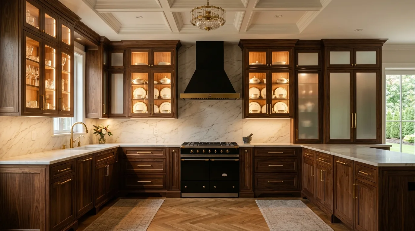 Interior cabinet lighting highlighting dishes behind glass doors.