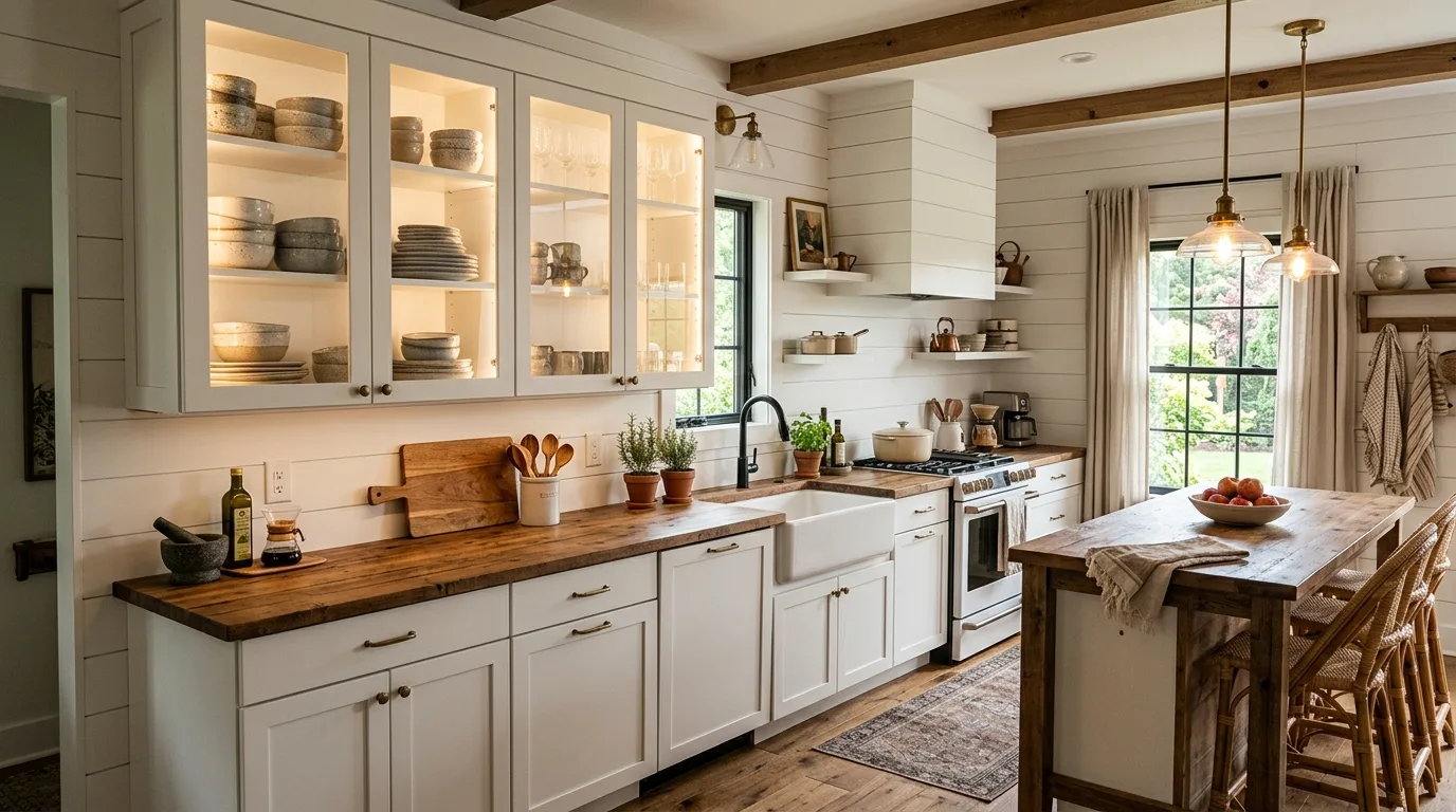 Color-coordinated dishes styled inside glass kitchen cabinets.