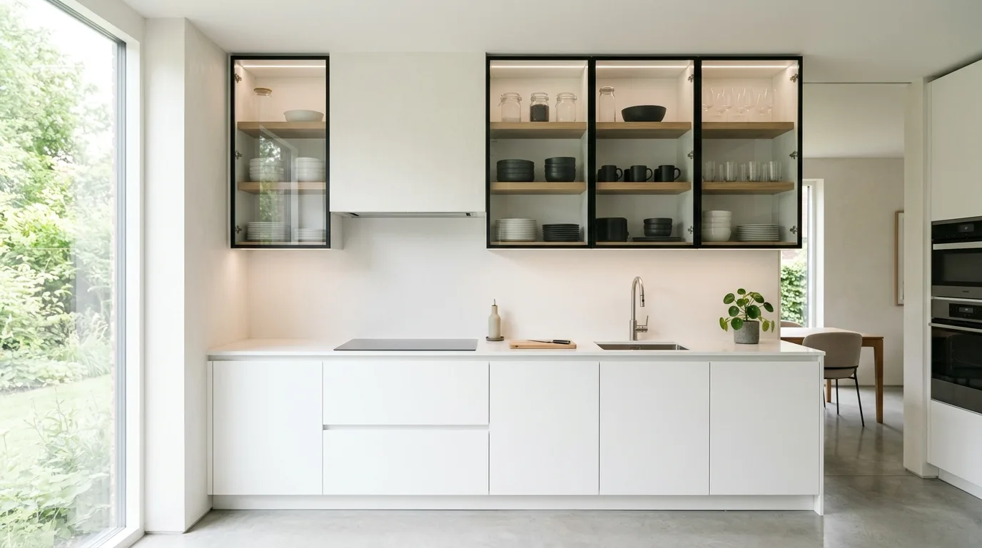 Warm wood framed glass cabinets softening a kitchen design.