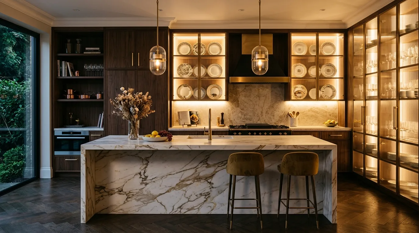 Neatly edited shelves inside stylish glass-front kitchen cabinets.