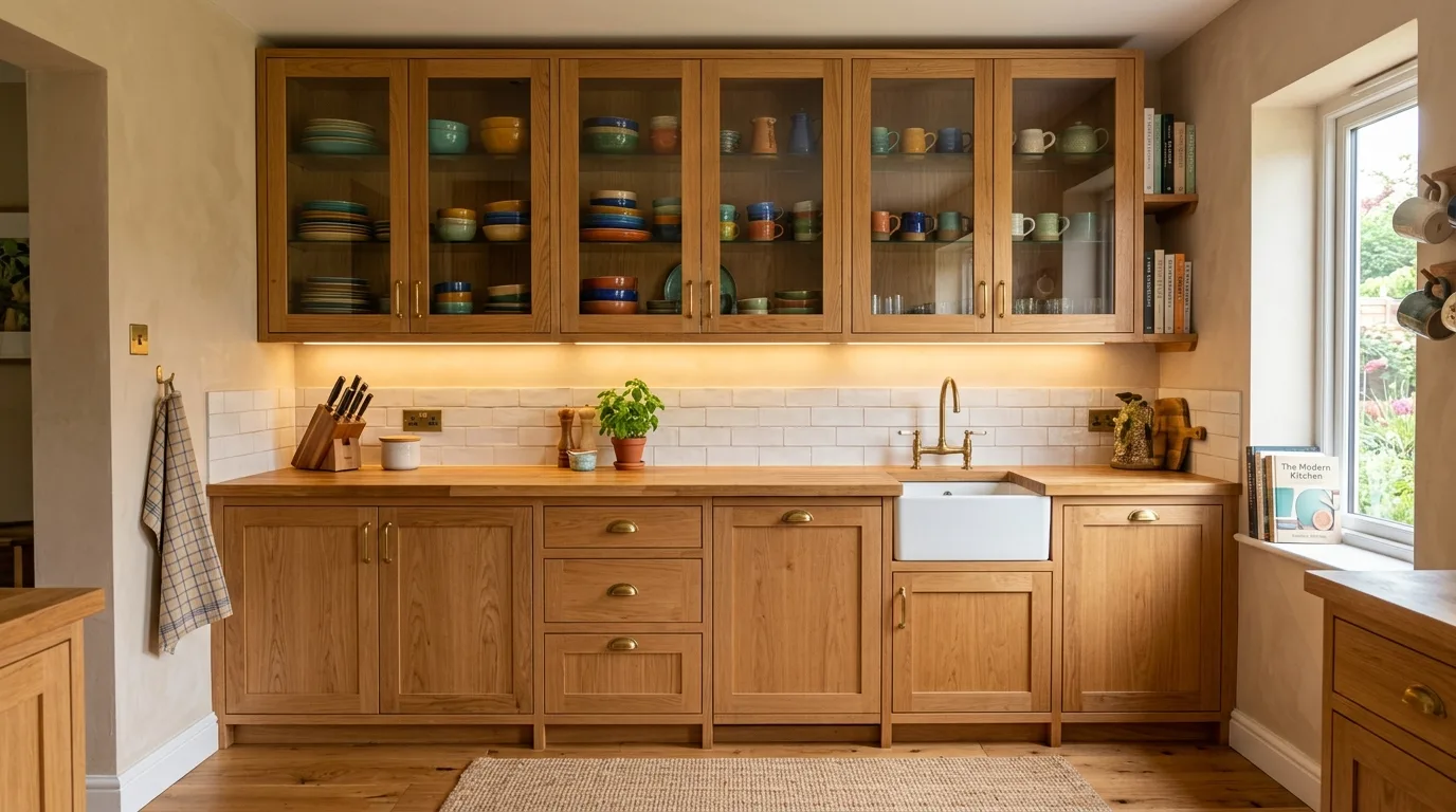 Beautiful everyday dishes displayed in glass kitchen cabinets.