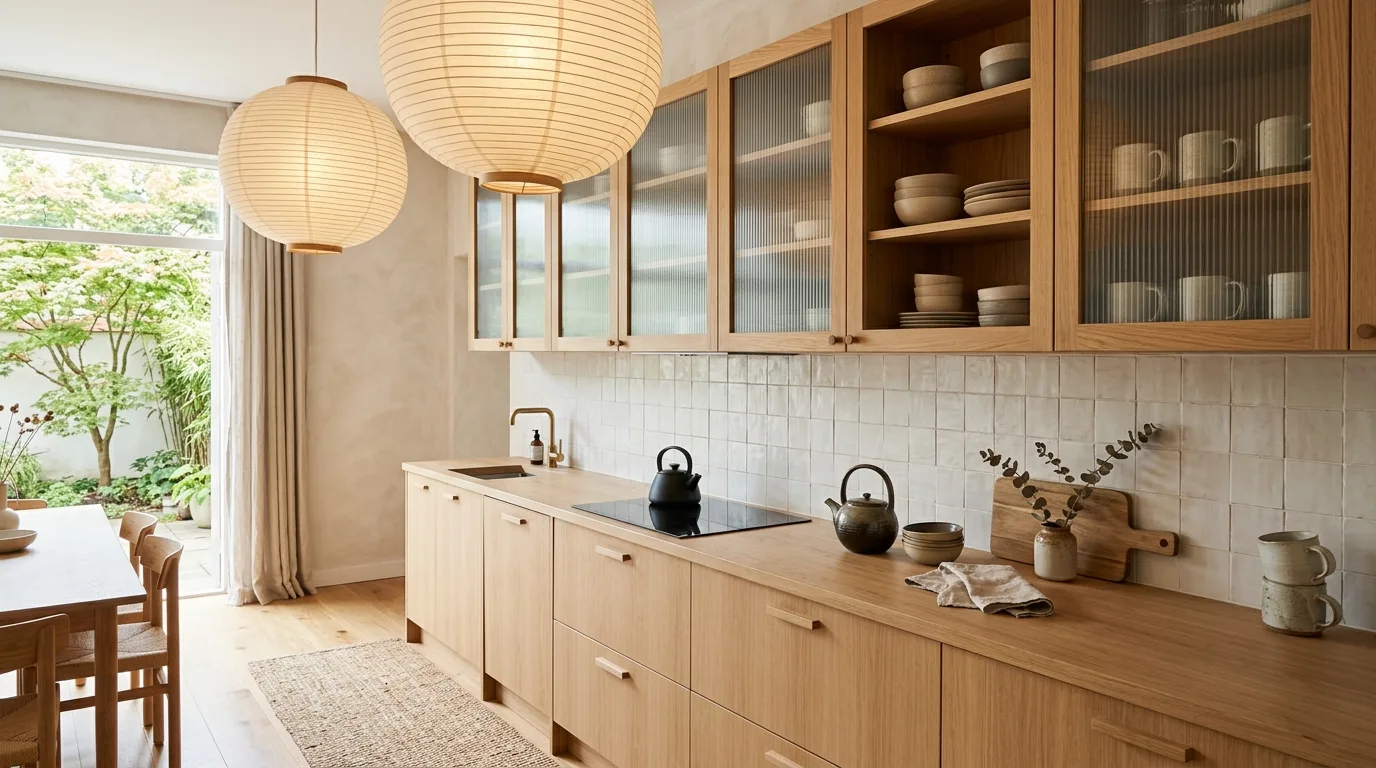 Dark kitchen cabinets lightened with elegant glass-front doors.