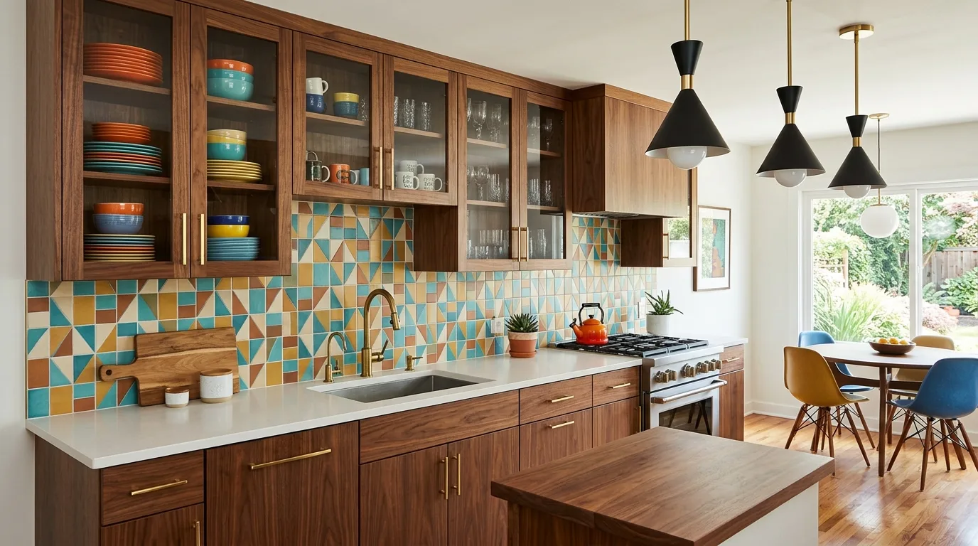 Selective glass cabinet display creating stronger visual impact in a kitchen.