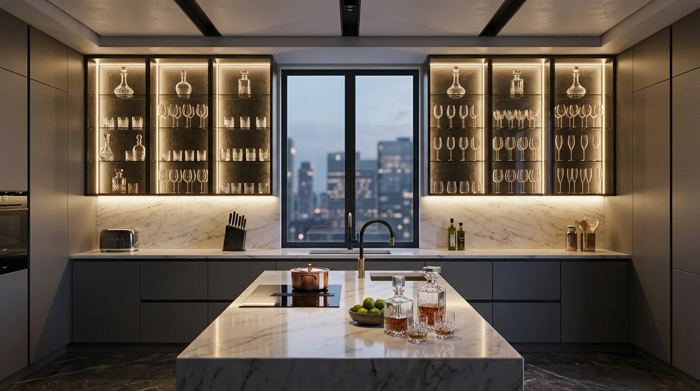 Personal dishes and serveware displayed inside beautiful glass cabinets.