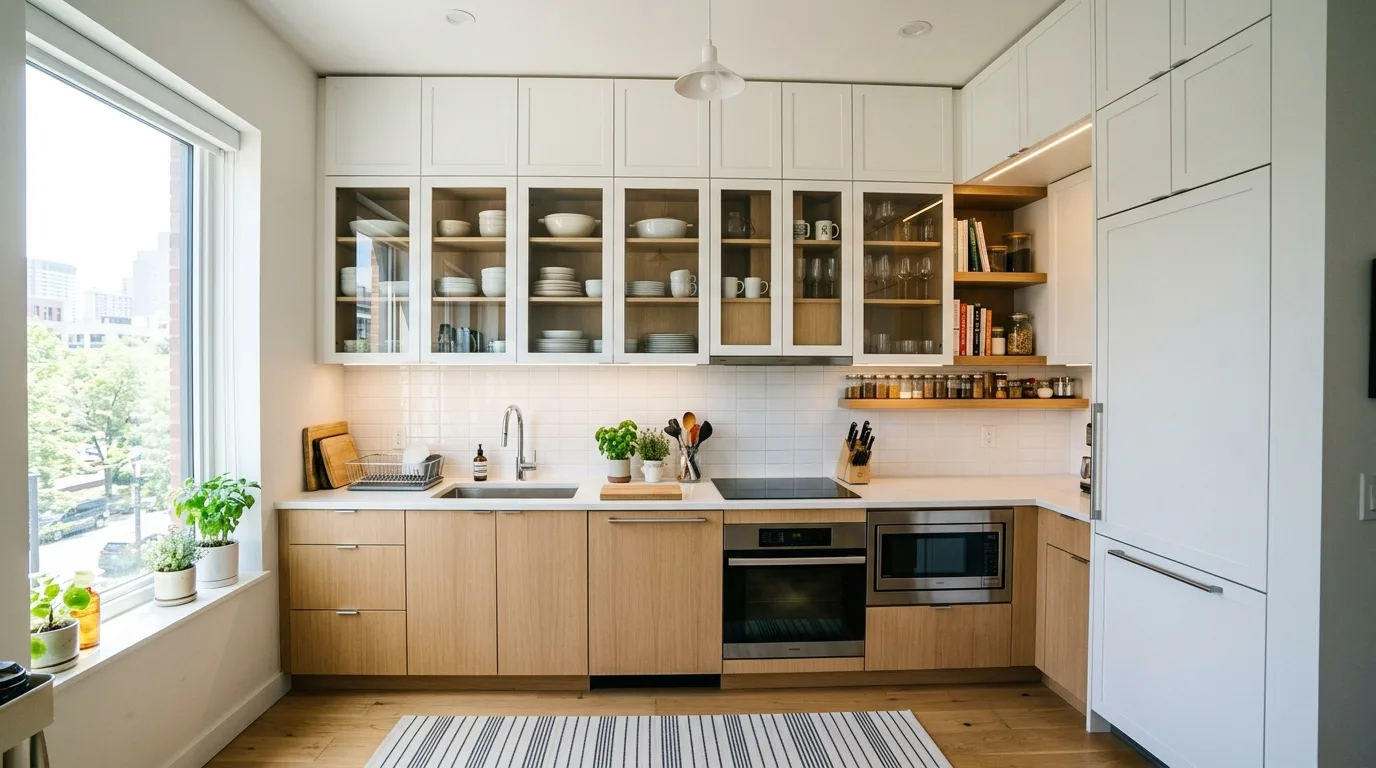 Glass kitchen cabinets turning everyday storage into beautiful display.