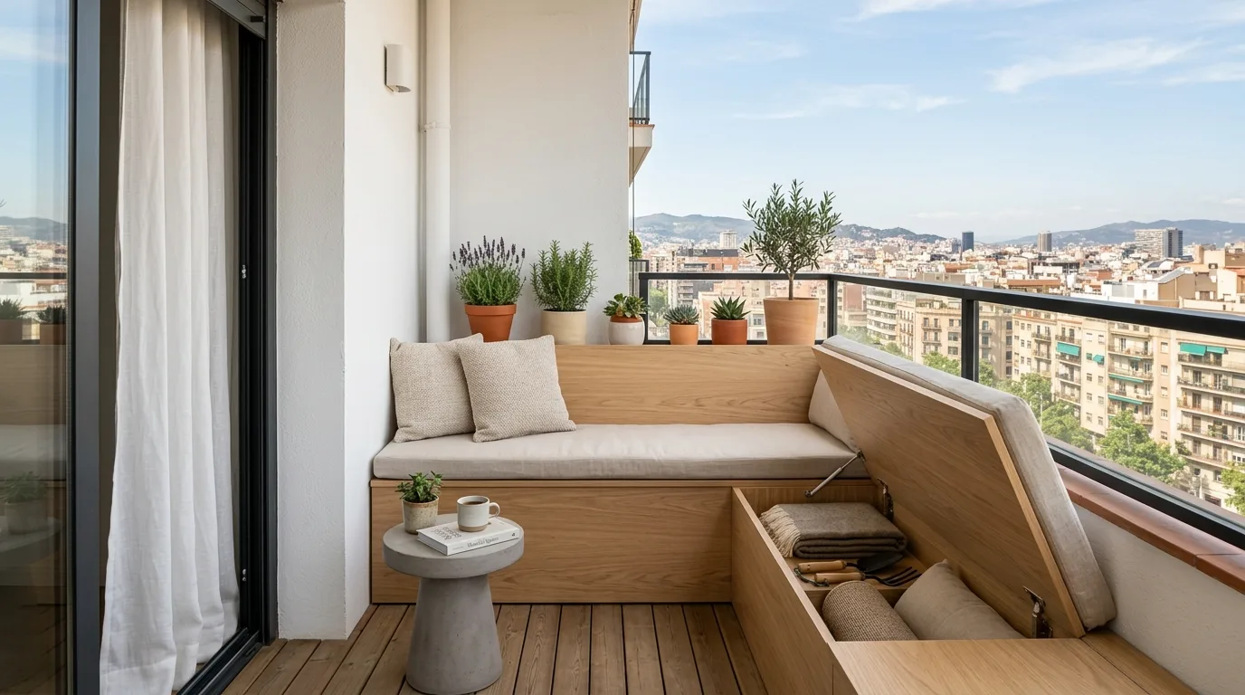 Hidden Apartment Balcony Storage Ideas for a Clutter-Free Zone in a thoughtfully styled balcony.