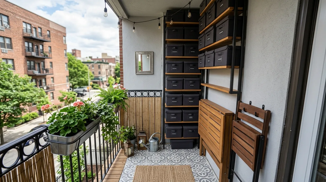 add texture for comfort and warmth in a balcony inspired by hidden storage clutter free.