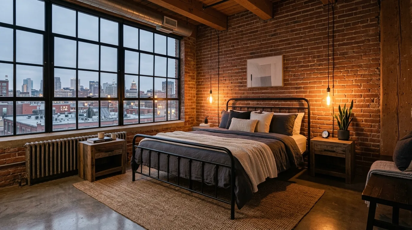 Industrial black metal bed frame in a loft-style bedroom with warm layered decor.