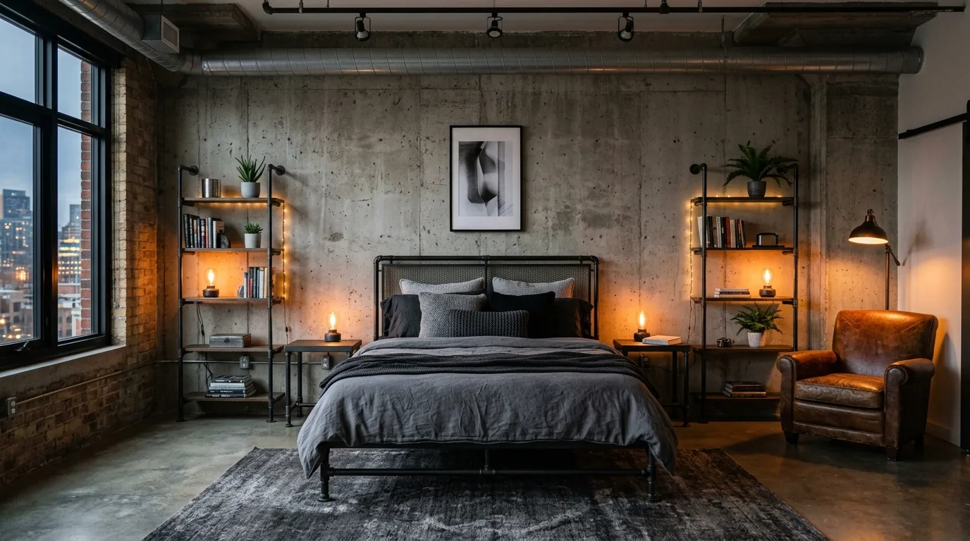 Black metal bed frame softened by linen bedding in a loft bedroom.