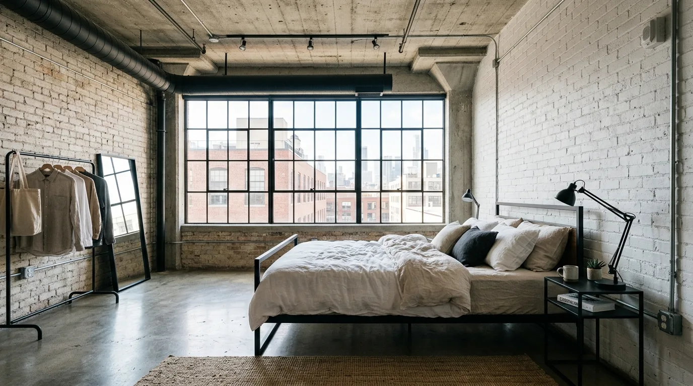 Black metal bed frame with concrete walls and warm wood layers in a loft room.