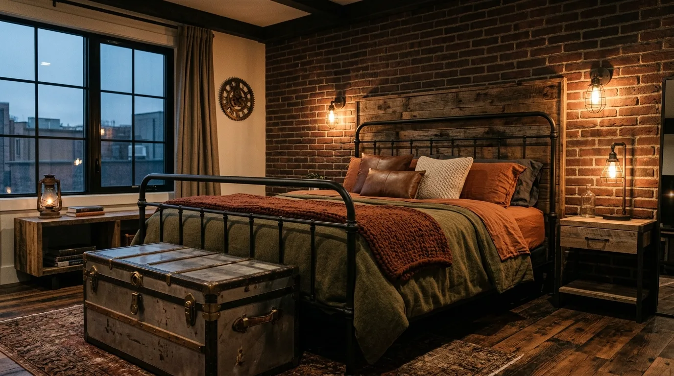 Minimal loft bedroom with a black metal bed frame and restrained styling.