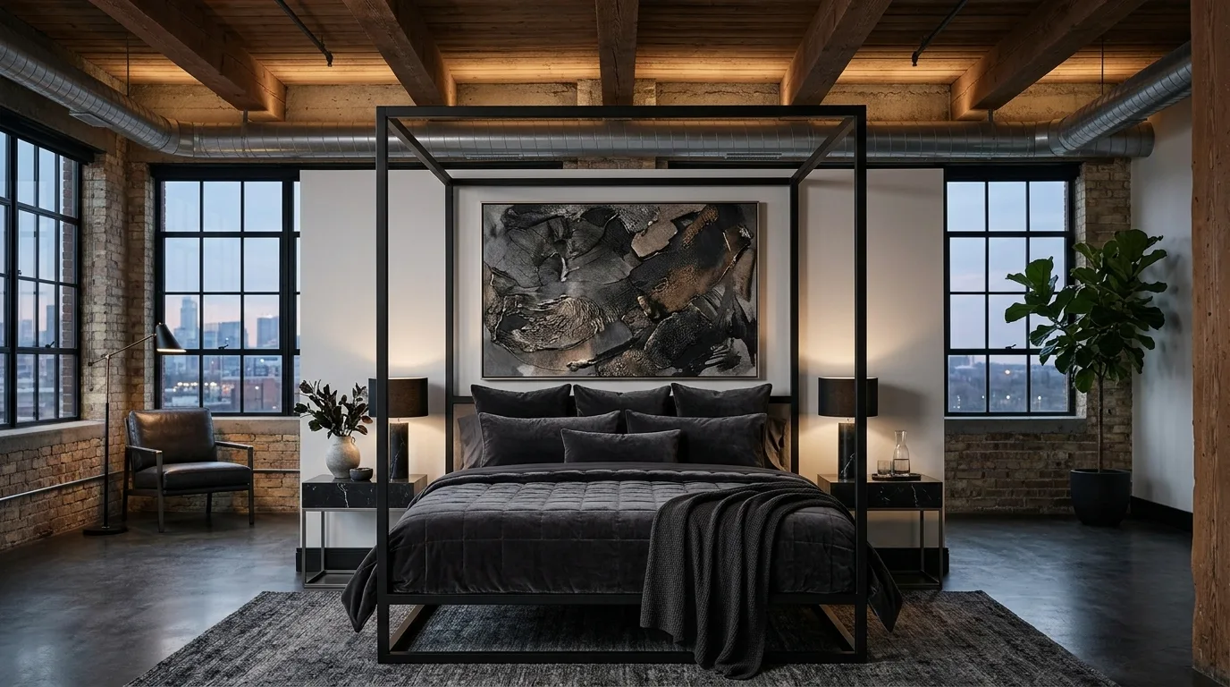 Black metal bed frame with rust-toned warmth in an industrial bedroom.