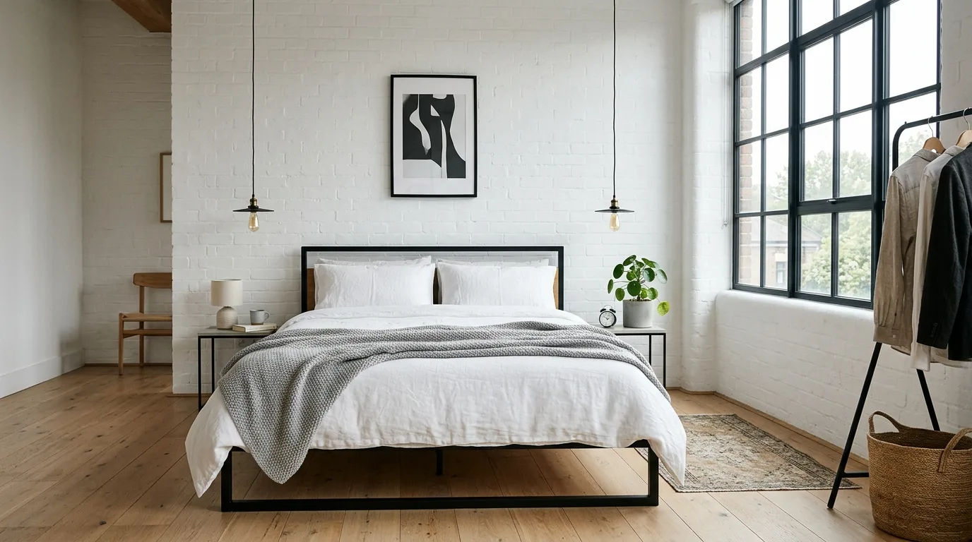 Industrial black metal frame with black and white contrast in a loft bedroom.
