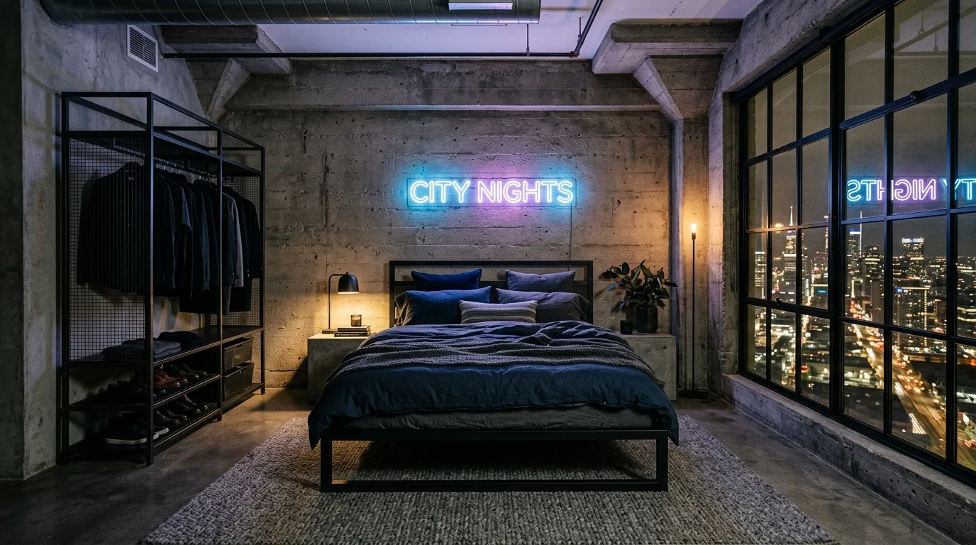 Warm lighting around a black metal bed frame in a cozy loft bedroom.