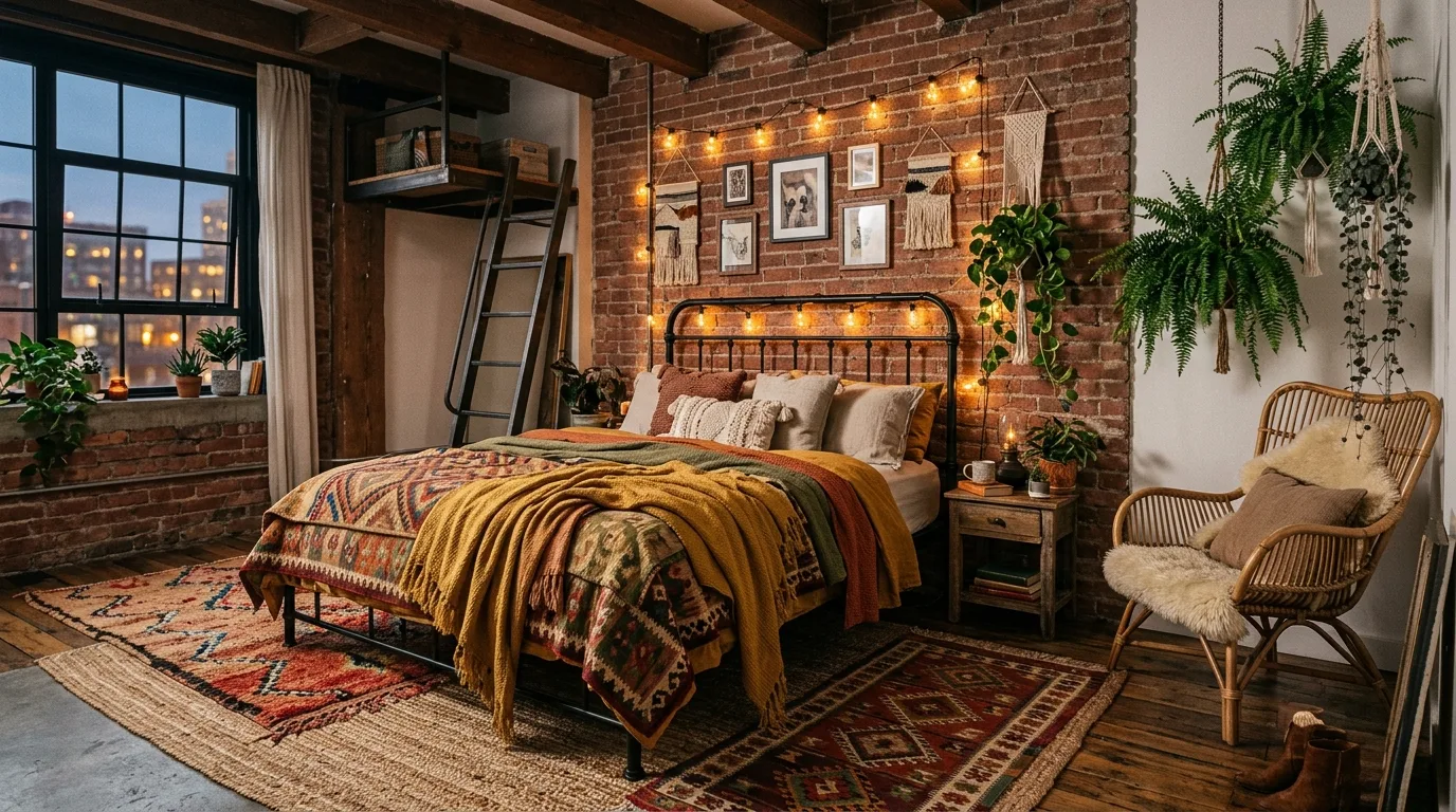 Black metal bed with vintage industrial decor in a character-rich loft bedroom.