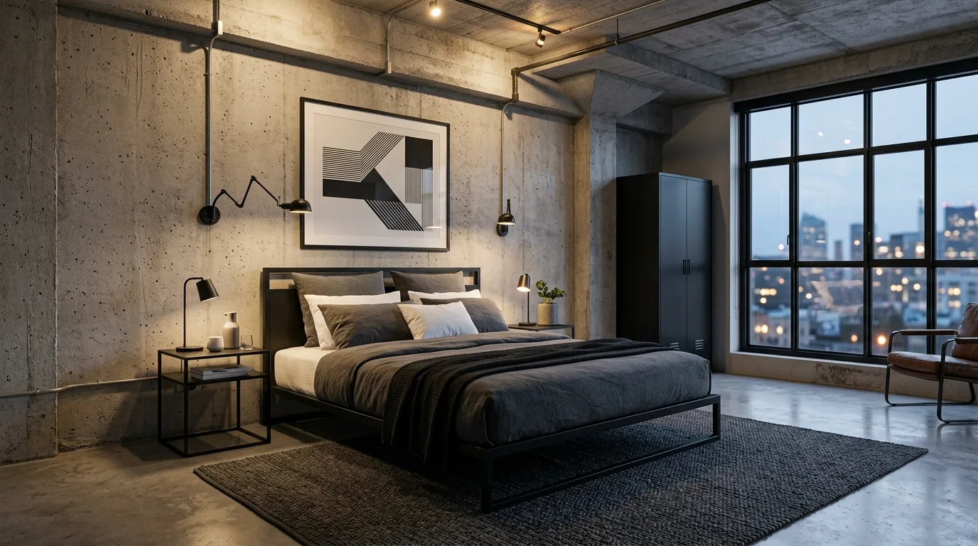 Black metal frame in a soft neutral loft bedroom with calm layered contrast.