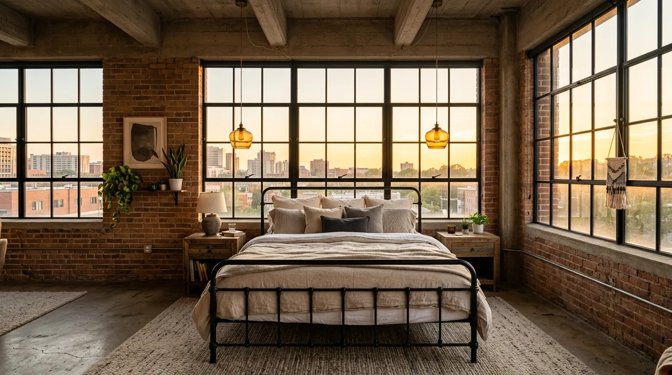 Loft bedroom that feels industrial and inviting with a black metal bed frame.