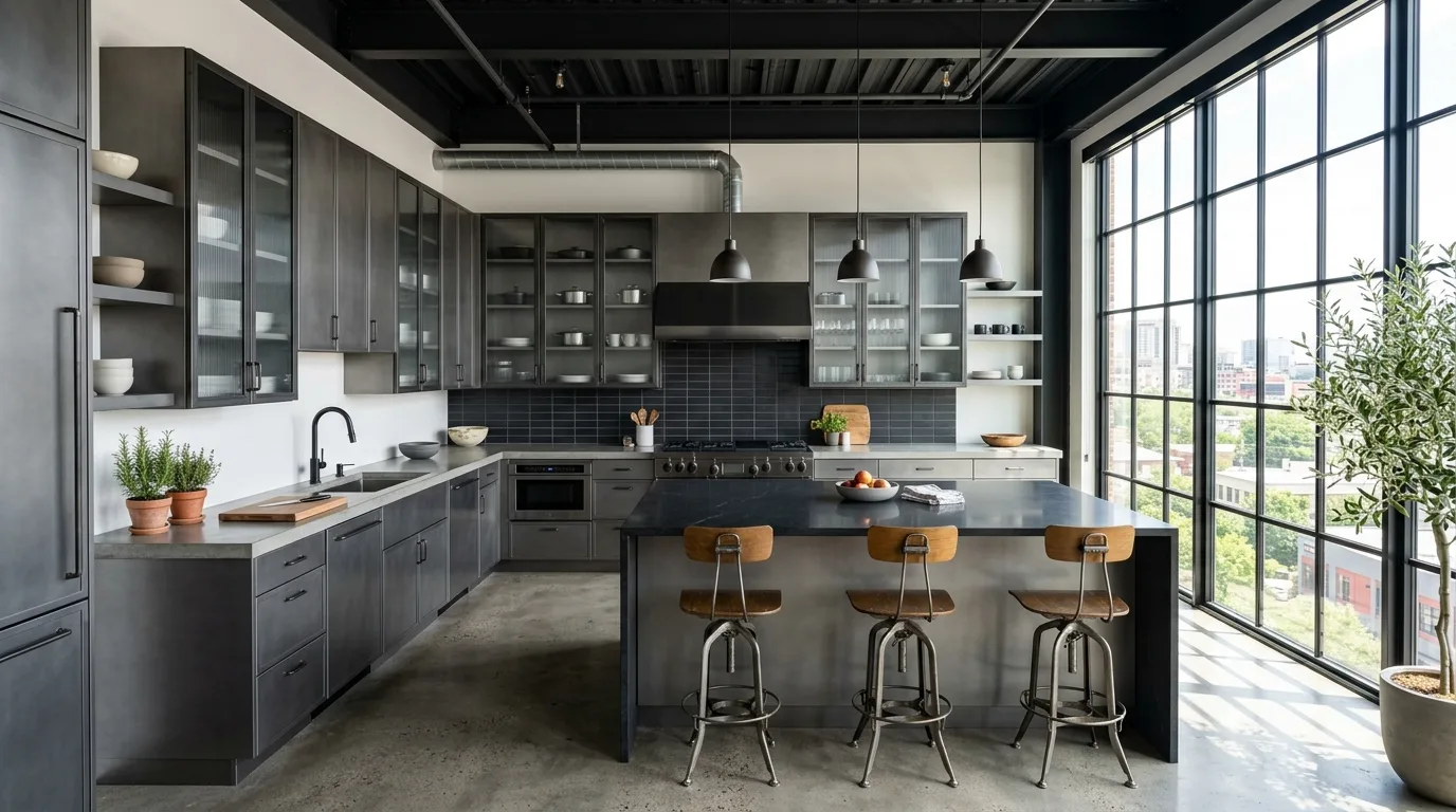 use lighting to shape the overall mood in a kitchen inspired by industrial metal an urban.