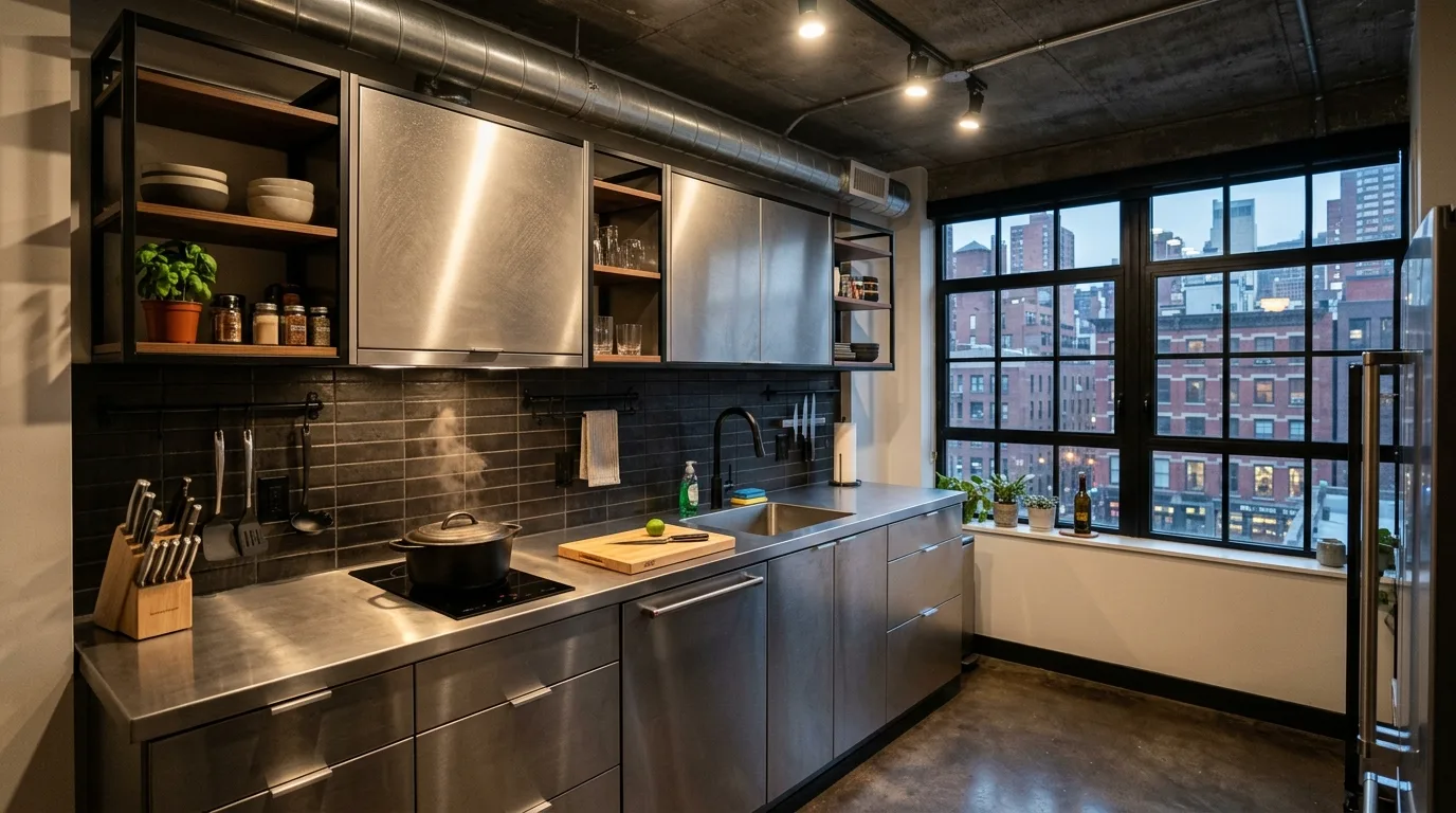 let texture add more depth in a kitchen inspired by industrial metal an urban.