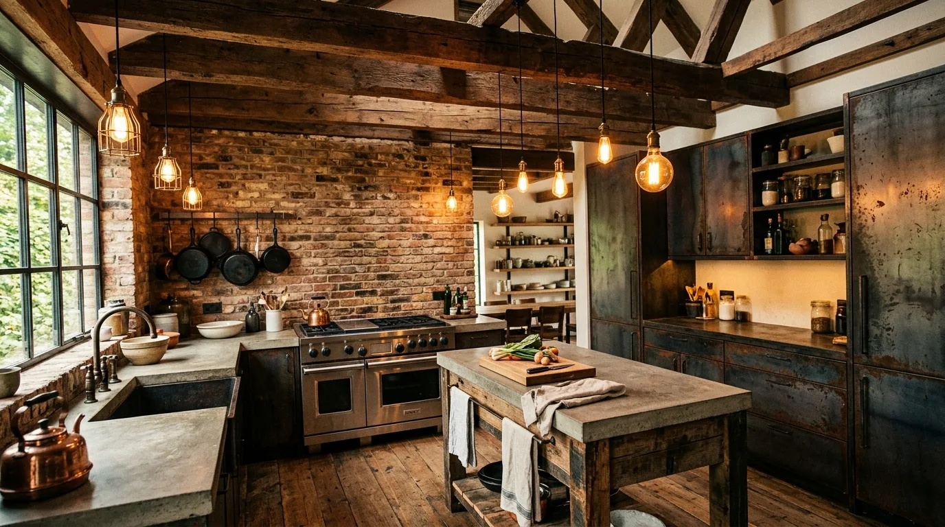 balance the palette with breathable contrast in a kitchen inspired by industrial metal an urban.