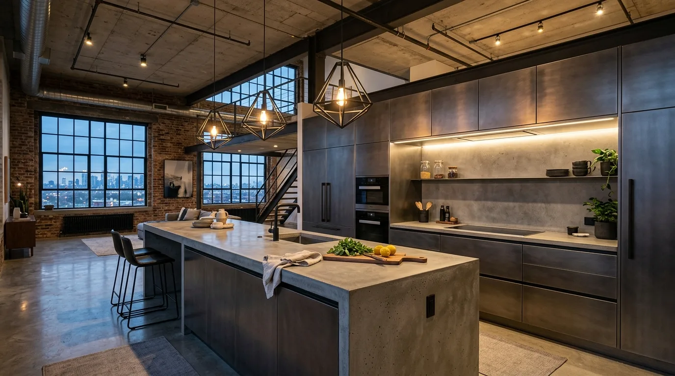 make storage feel natural and useful in a kitchen inspired by industrial metal an urban.