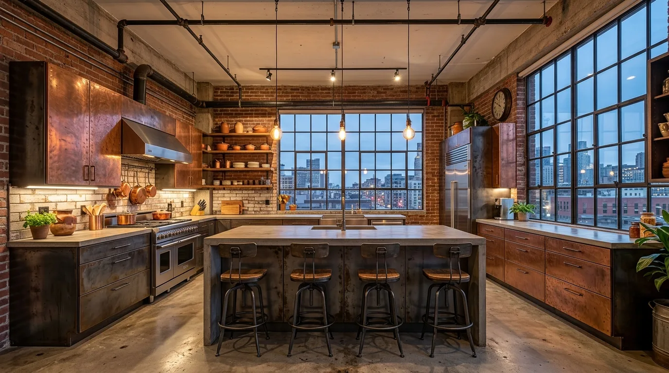 create a kitchen that feels complete in a kitchen inspired by industrial metal an urban.