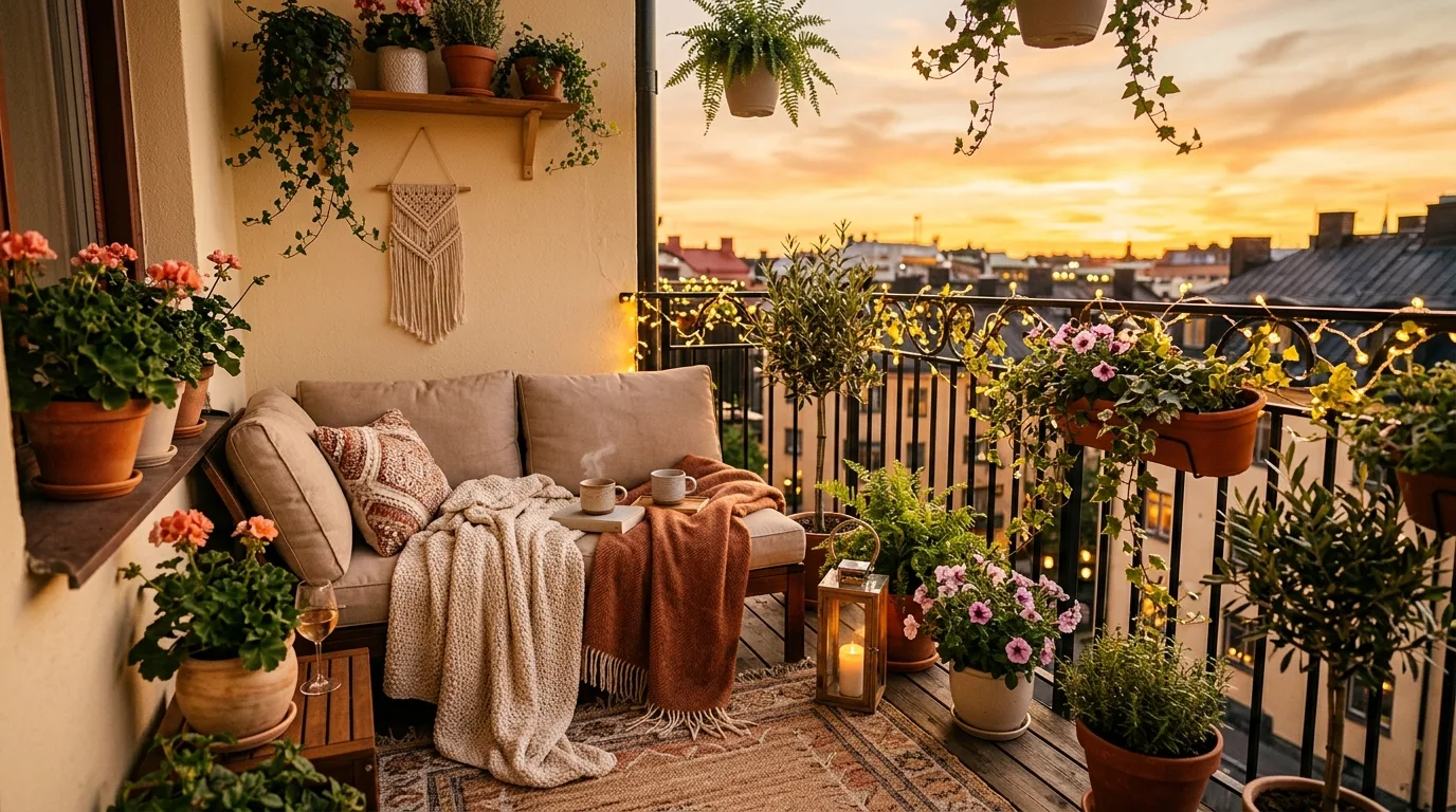 Cozy small balcony with warm lighting, soft textiles, and inviting apartment styling.