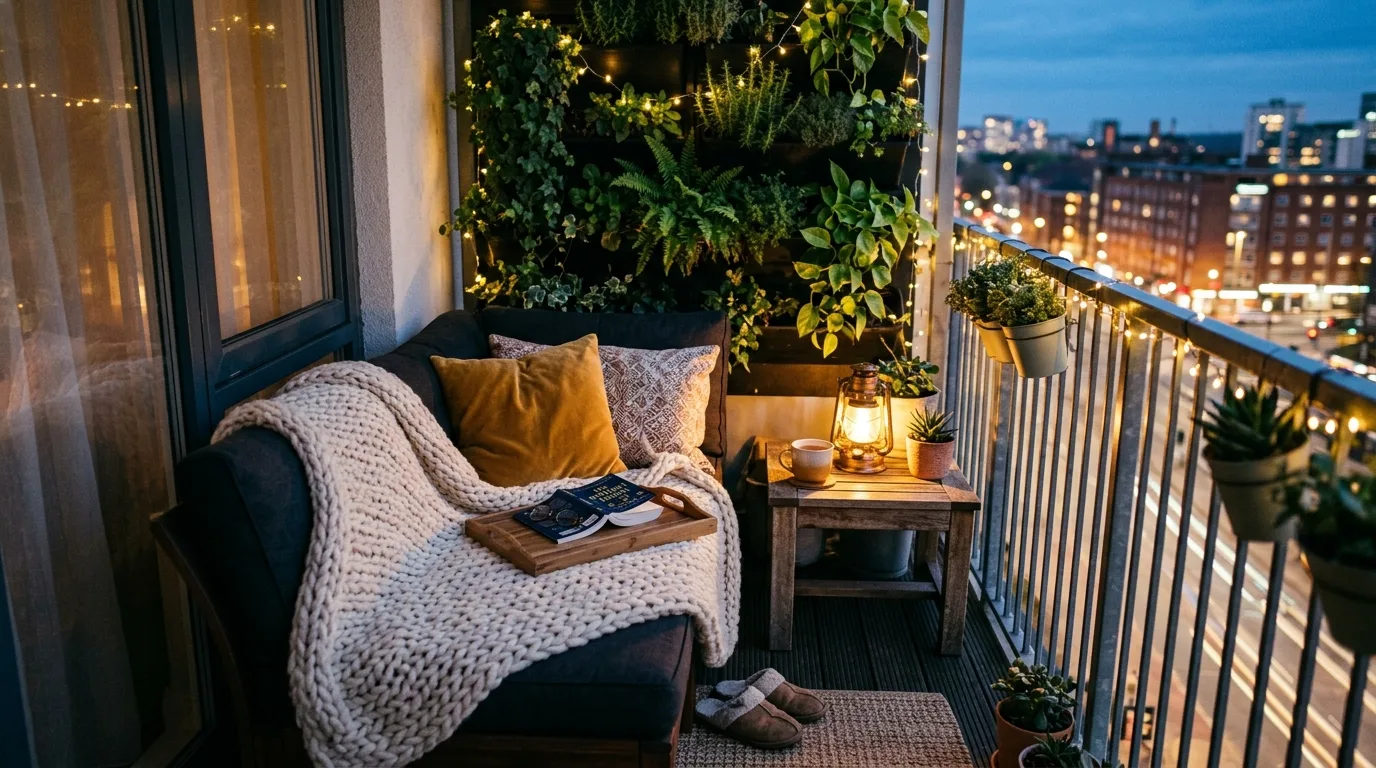 Warm string lights making a tiny balcony feel cozy and inviting.