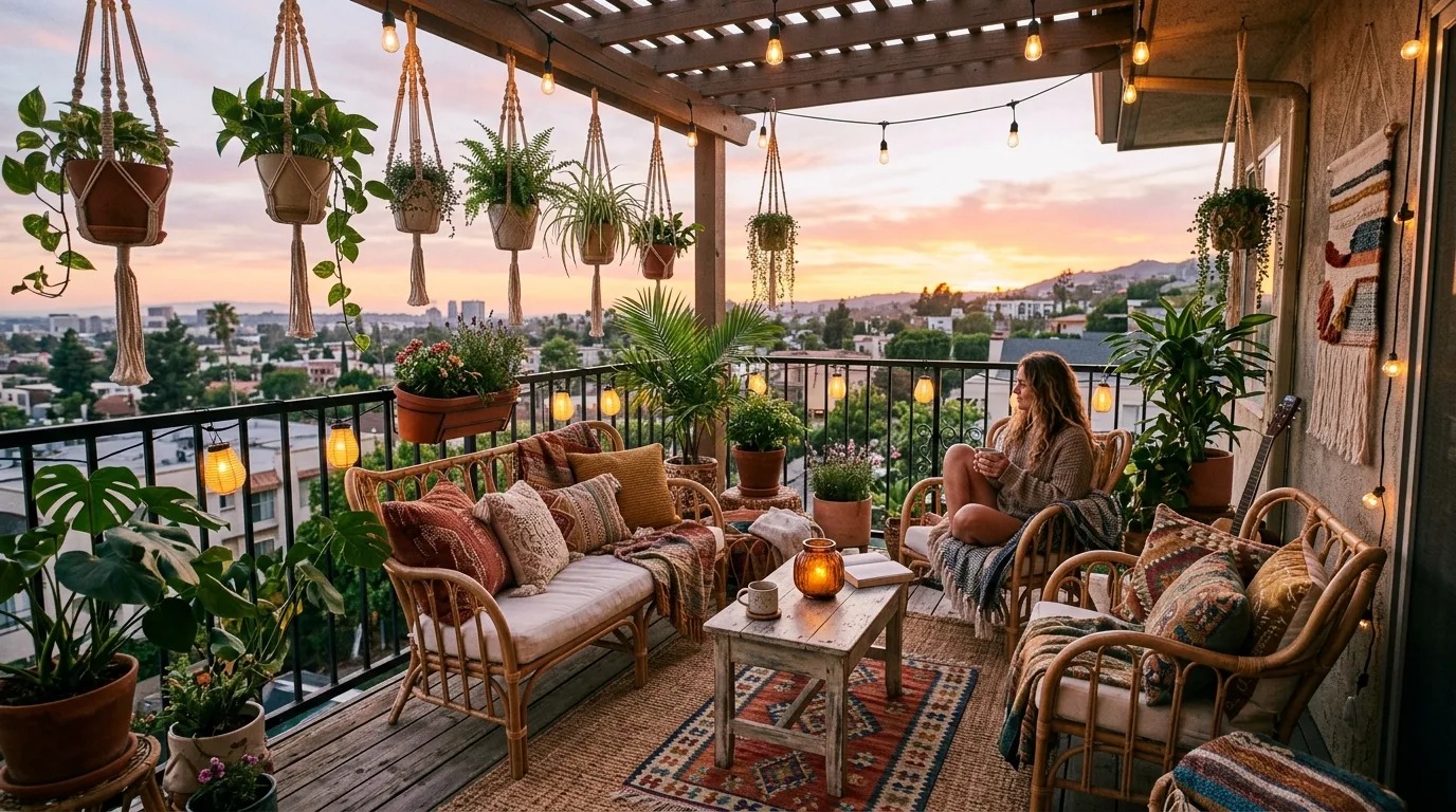 Small balcony with cushions layered for instant outdoor softness.