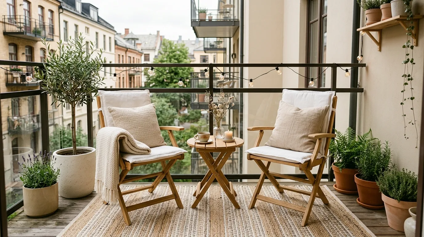 Small balcony with one blanket basket adding cozy function and warmth.