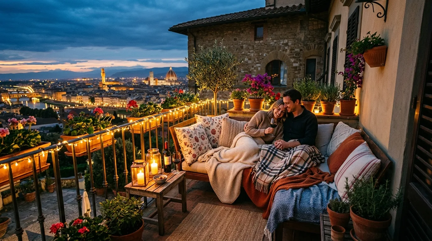 Single chair cozy corner on a small balcony with warm layered styling.