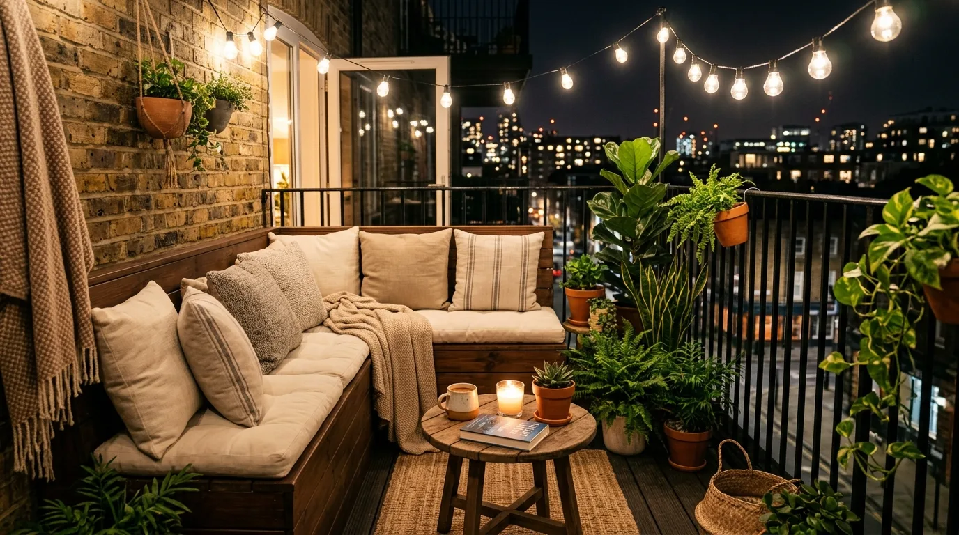 Lanterns adding a gentle cozy glow to a small balcony at night.