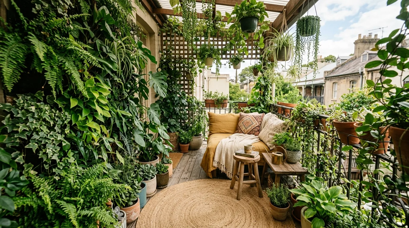 Plants softening the edges of a small balcony with cozy natural style.
