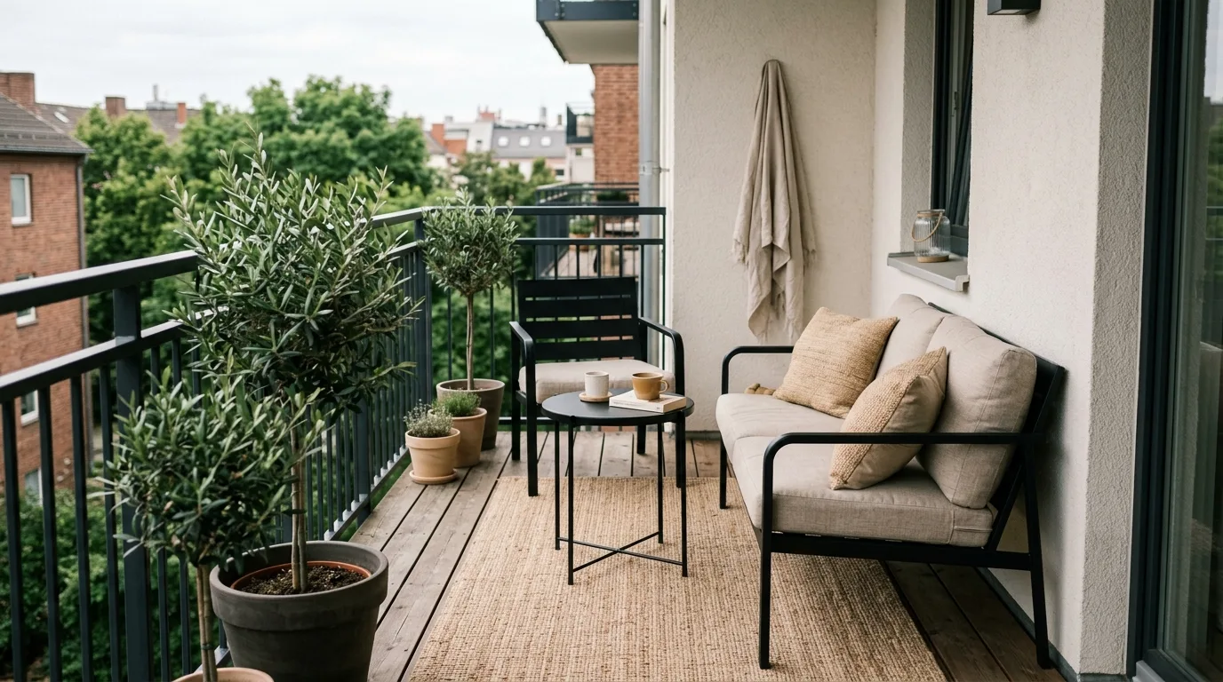 Relaxed natural textures on a small balcony creating a cozy atmosphere.