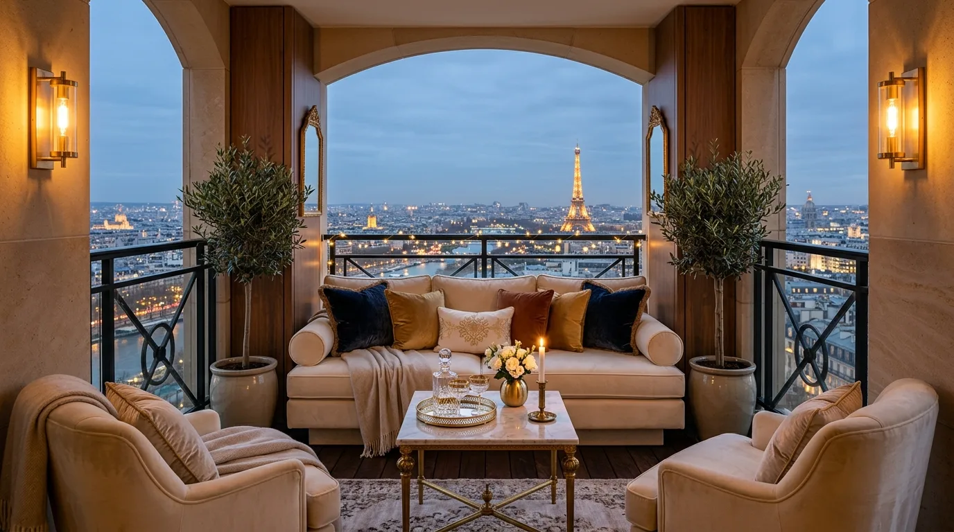 Soft neutral colors creating calm coziness on a small balcony.