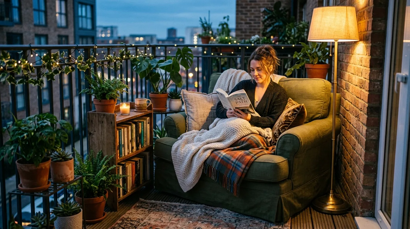 Tiny morning coffee spot on a small balcony with cozy inviting style.