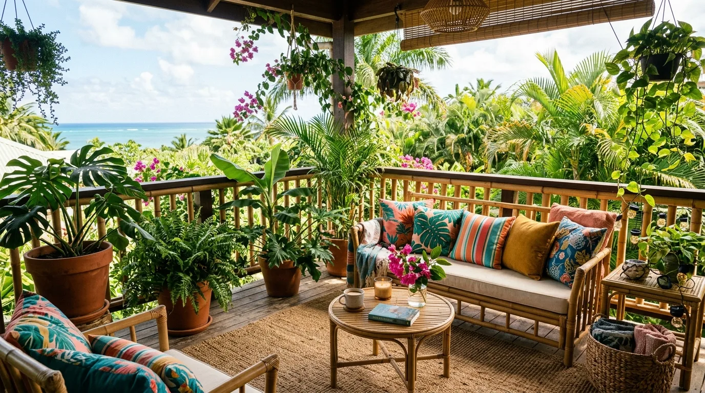 Layered light and texture creating evening coziness on a small balcony.