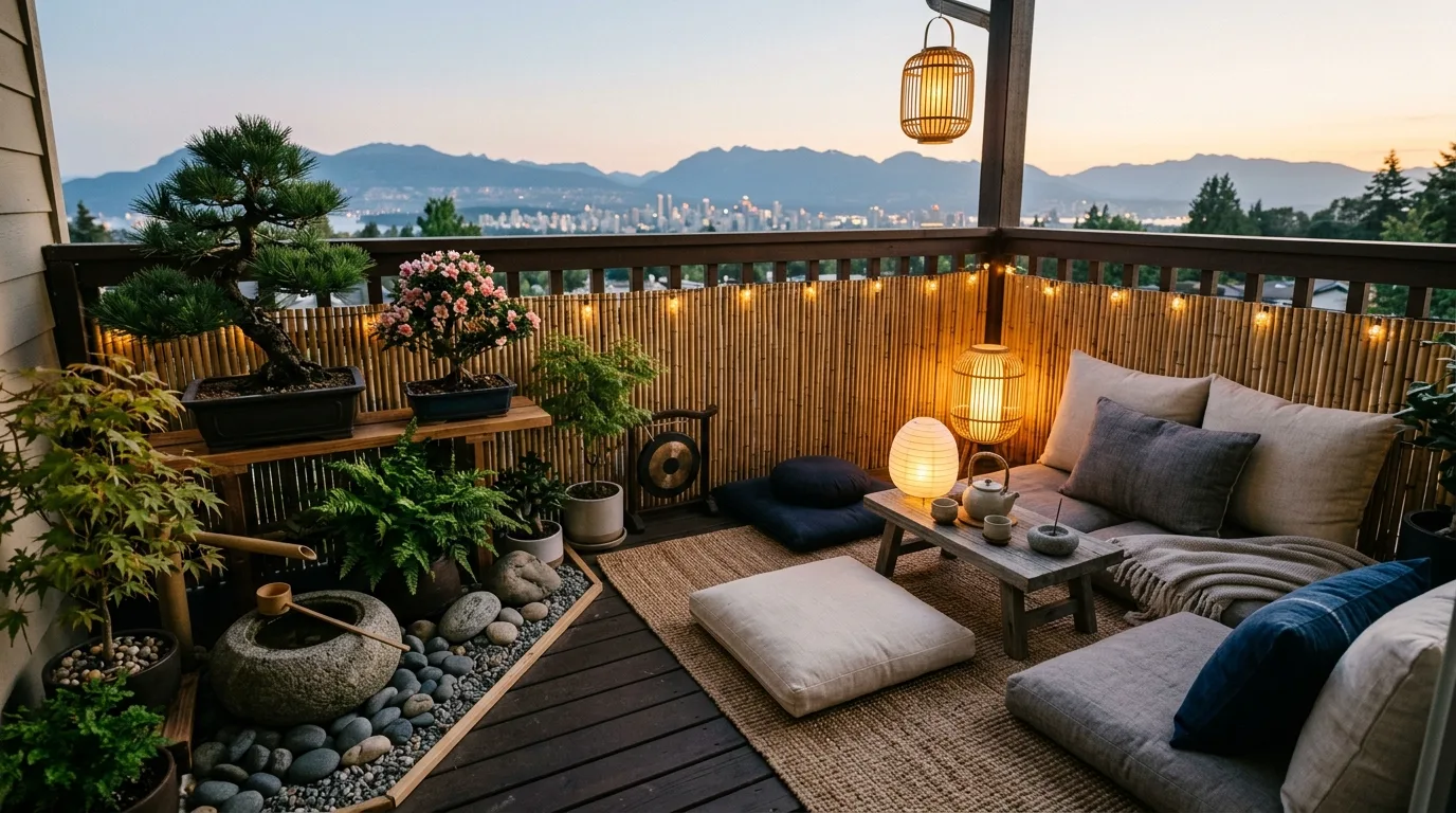 Small balcony that feels instantly more inviting through cozy layered styling.