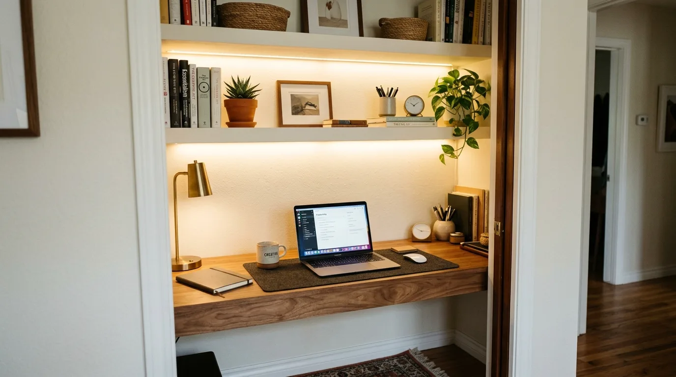 Inspiring home office idea fitted into a compact corner workspace.