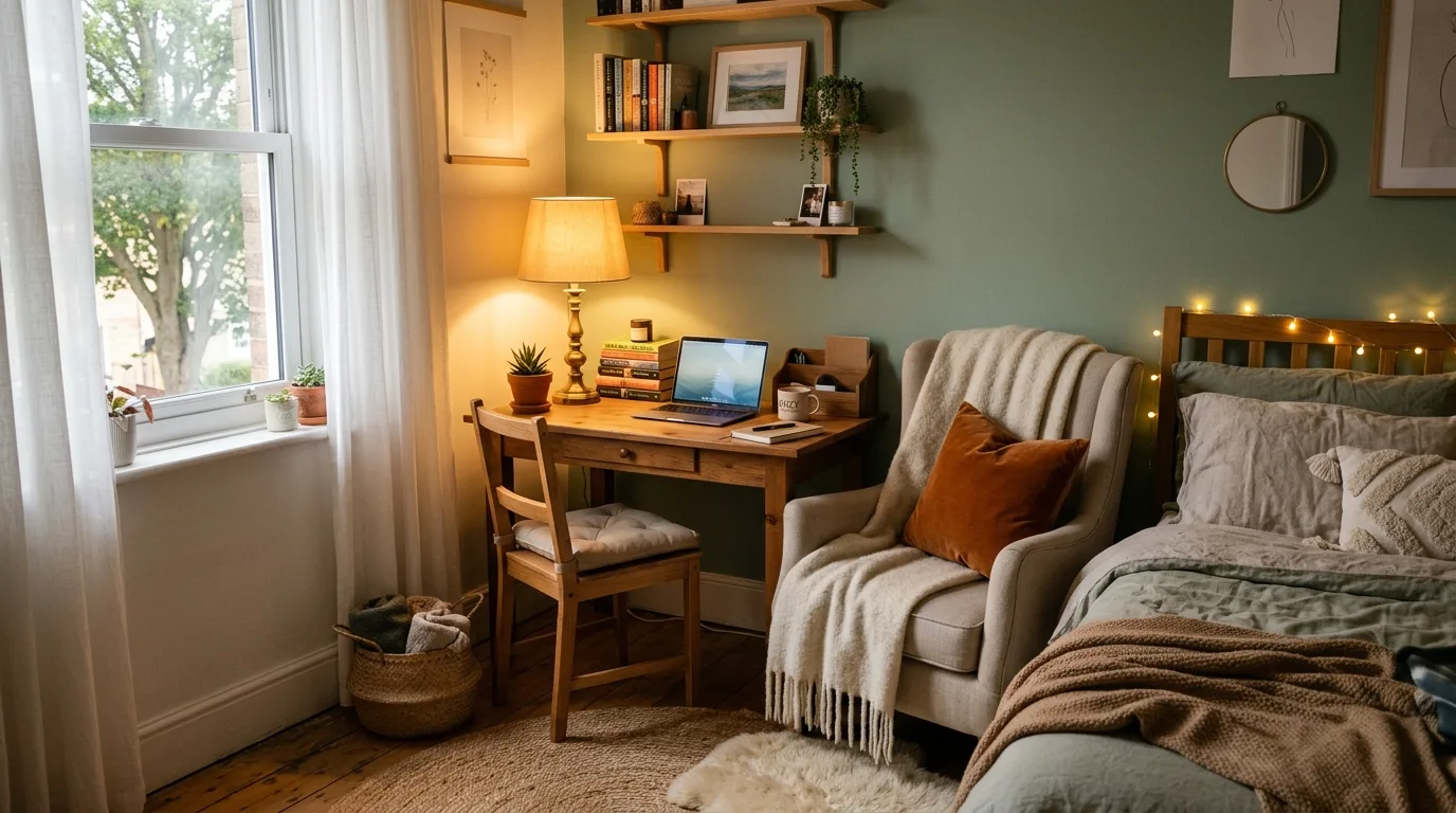 Well-scaled furniture in a compact home office nook.