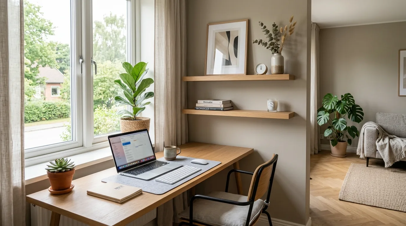 Vertical storage used smartly in a small home office.