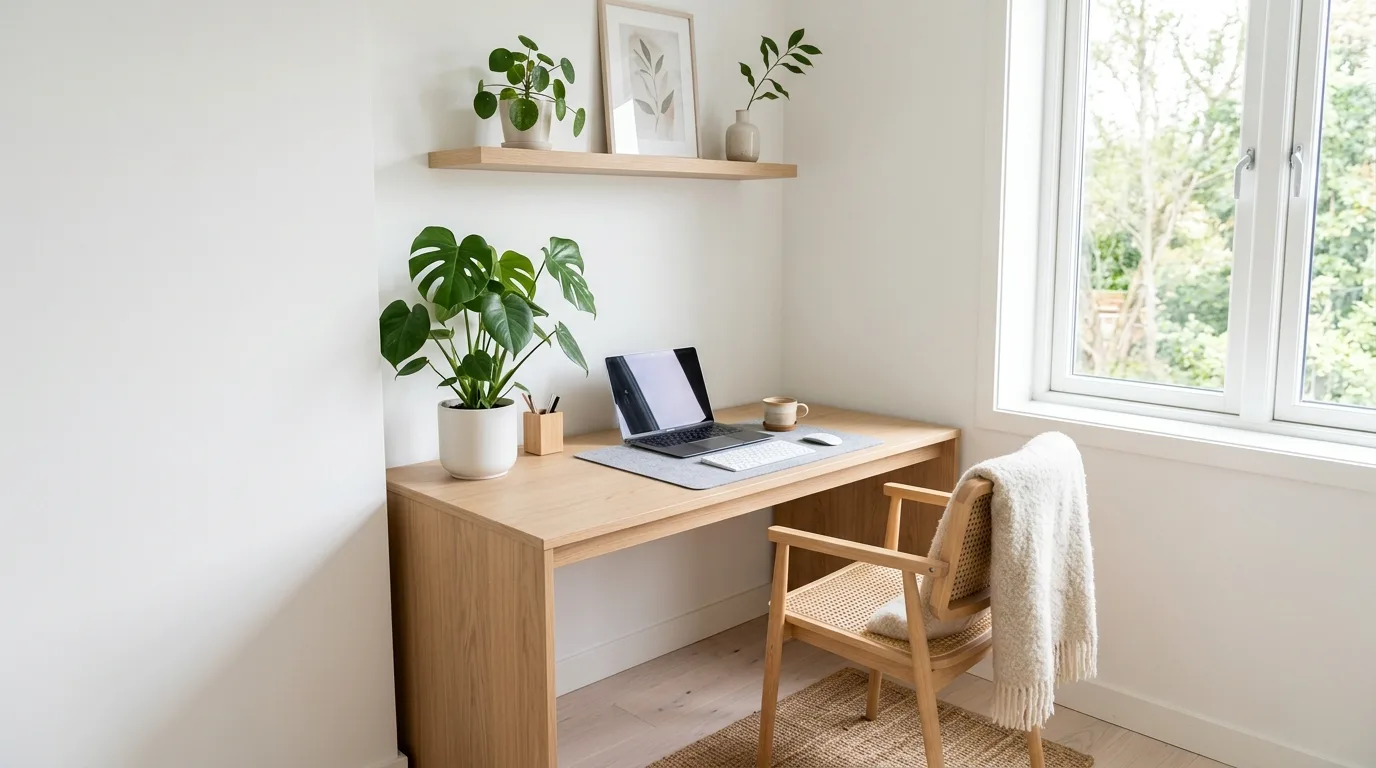 Well-lit compact home office in a corner or closet.