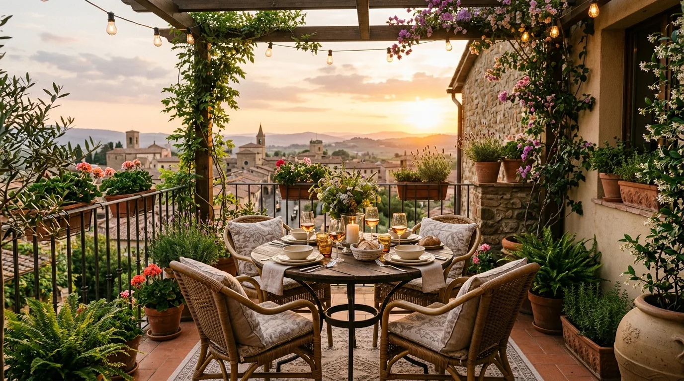 start with a strong layout in a balcony inspired by inviting cozy gatherings.