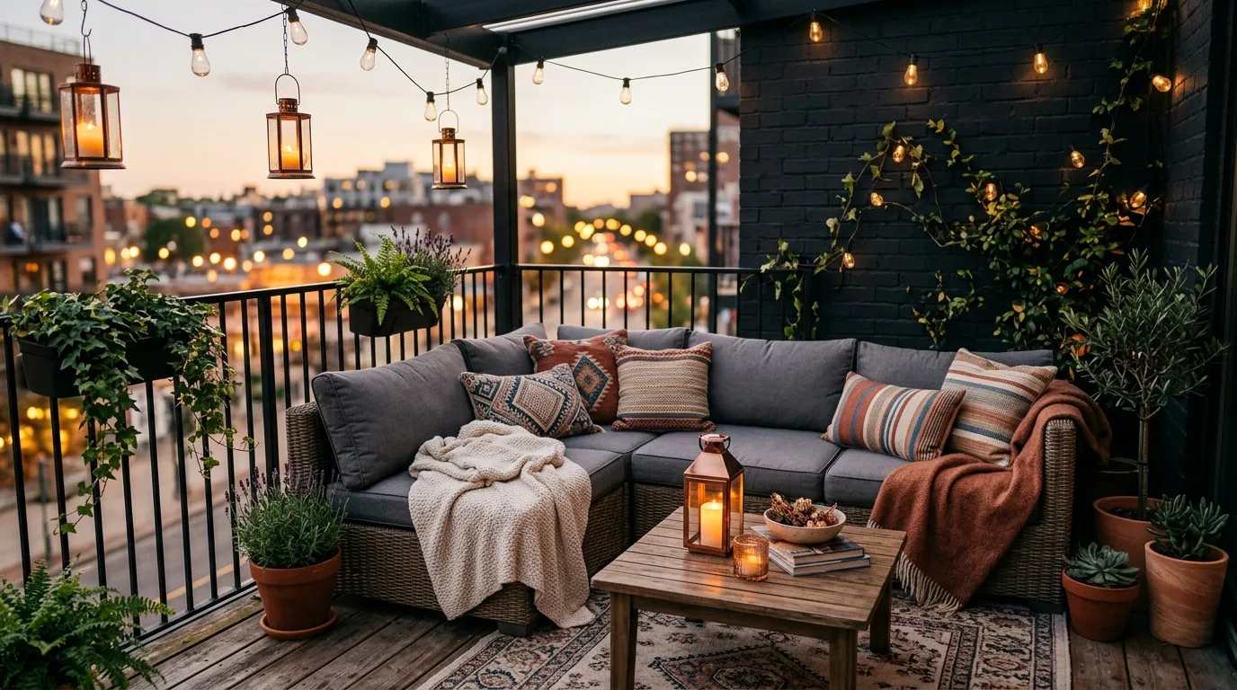 choose furniture that fits the scale in a balcony inspired by inviting cozy gatherings.