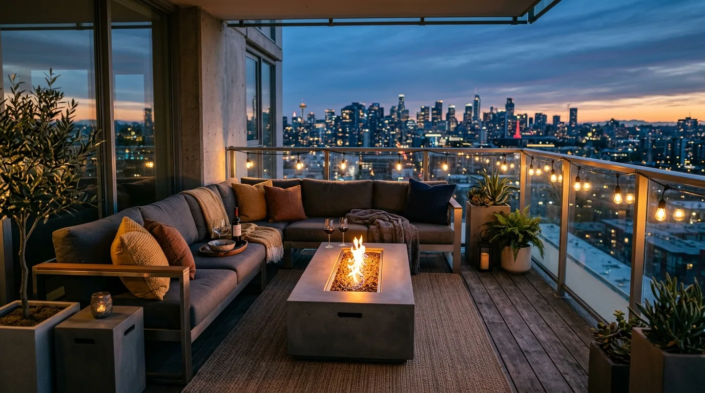 keep storage practical and hidden in a balcony inspired by inviting cozy gatherings.