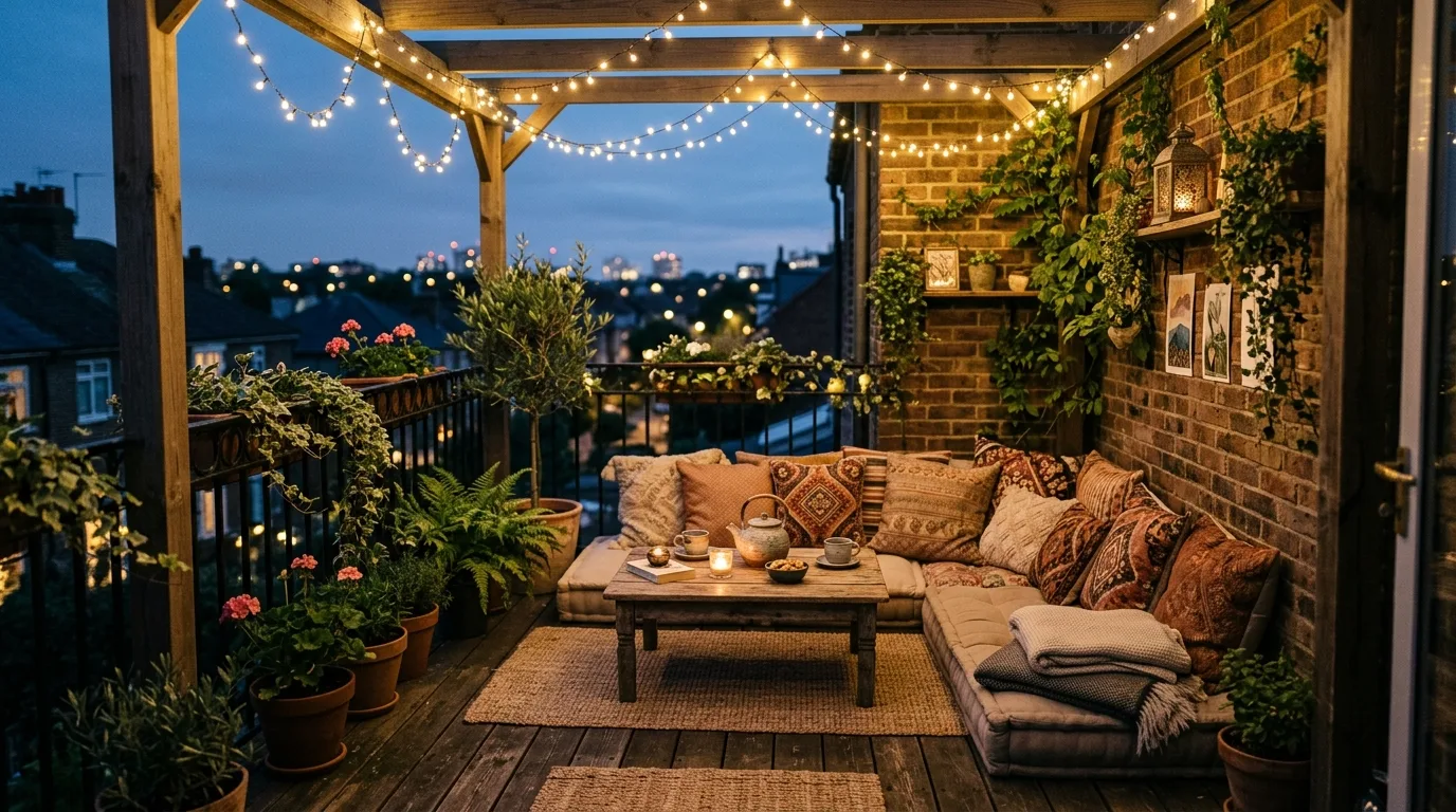 use decor that supports daily living in a balcony inspired by inviting cozy gatherings.